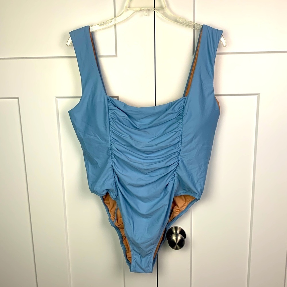 NWT J Crew Swimsuit Size 22 3XL Ruched Square Neck One Piece Blue Mist